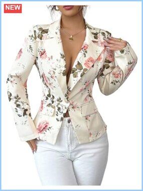 Floral Print Long Sleeve Button Front Collared Blazer Suit Jacket